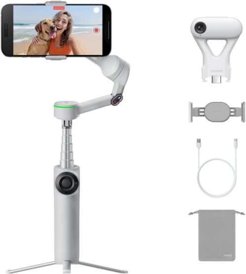 Insta360 Flow 2 Pro AI Tracker Bundle Grey – Industry-First AI Phone Gimbal with Apple DockKit, Pioneering 360º Pan Tracking, Free Tilt, Built-in Tripod/Selfie Stick, Portable Vlog/Travel Stabilizer