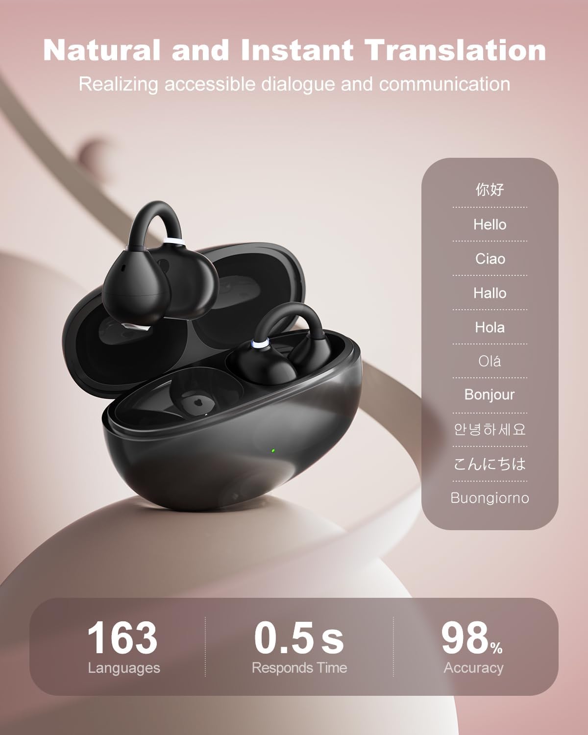 AI Translation Earbuds Real Time, 163 Languages & Accents Translator Ear Buds Audífonos Traductores Inglés Español Open Ear Earbuds Wireless Headphones for Travel Business Learning - Image 2