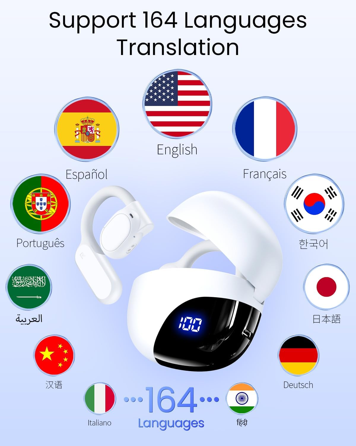 AI Translation Earbuds Real Time 164 Languages 80H Playtime Translator Ear Buds Audifonos Traductores Inglés Español Wireless Earphones Bluetooth Headphones for Travel Business Meeting Learning White - Image 2