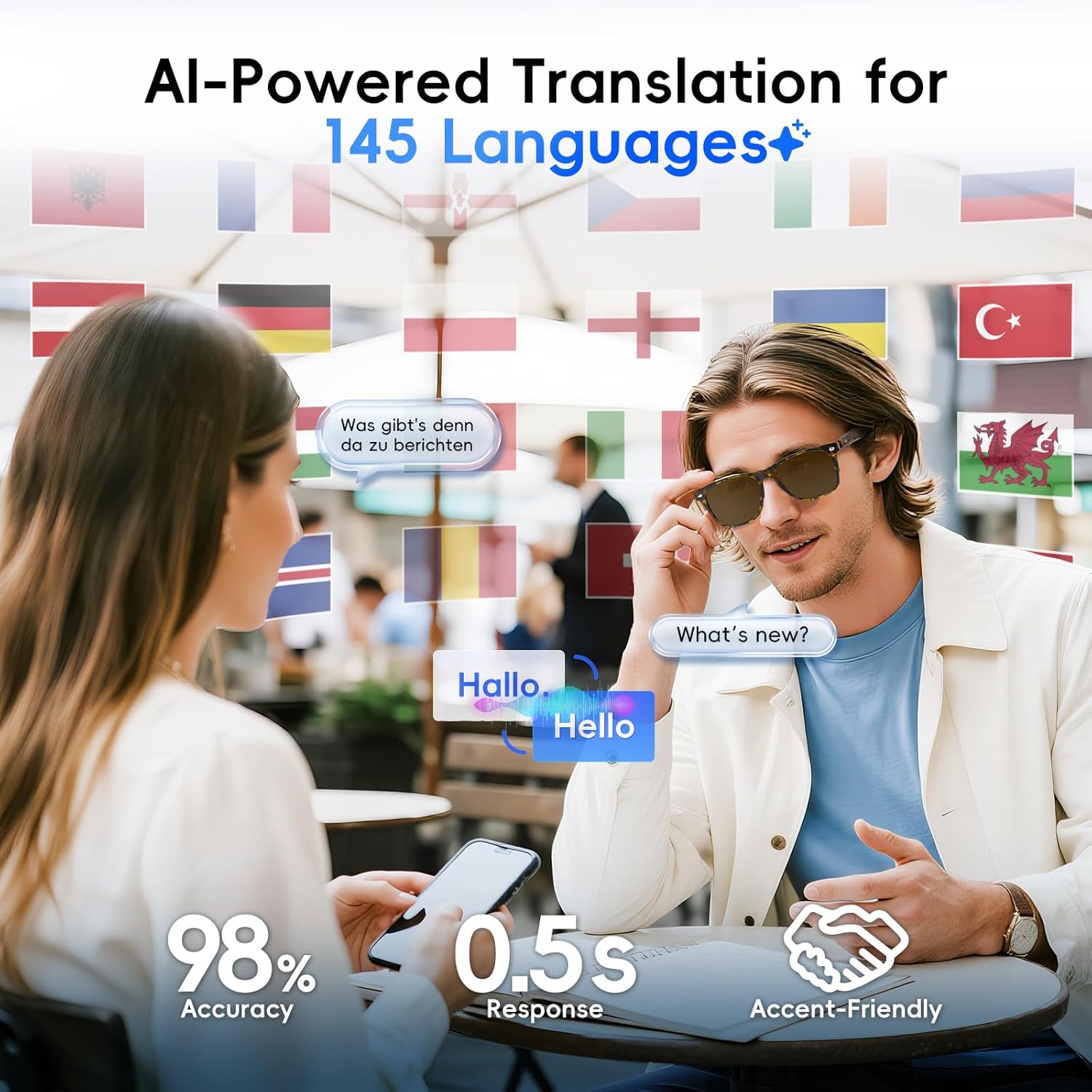 AI Glasses for Men & Women, Smart Glasses Powered by ChatGPT, AI Real-time Translation with 145 languages, 11H Music Play, Bluetooth Sunglasses with Polarized Lens, UV Protection for Daily Use, Travel - Image 3