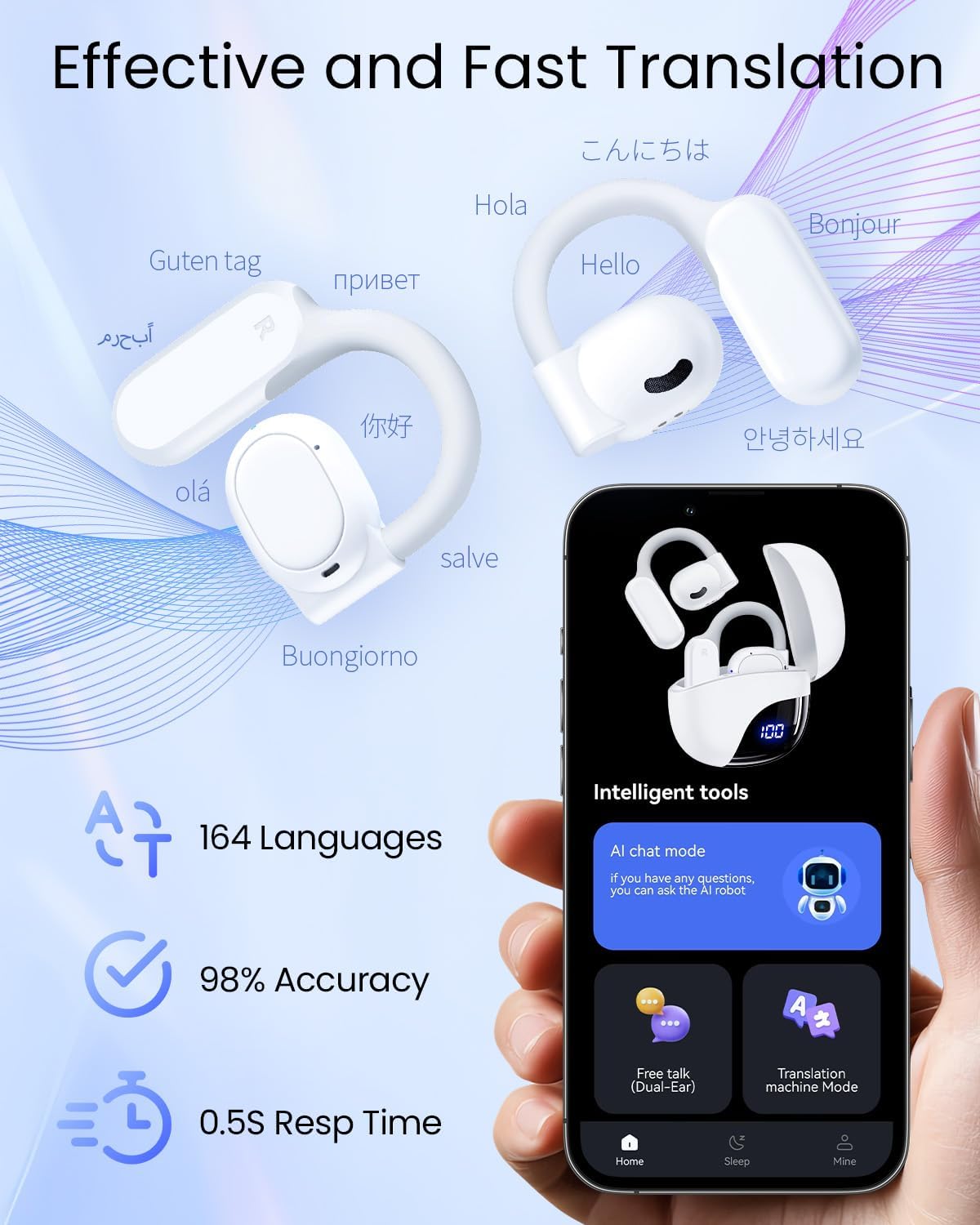 AI Translation Earbuds Real Time 164 Languages 80H Playtime Translator Ear Buds Audifonos Traductores Inglés Español Wireless Earphones Bluetooth Headphones for Travel Business Meeting Learning White - Image 6