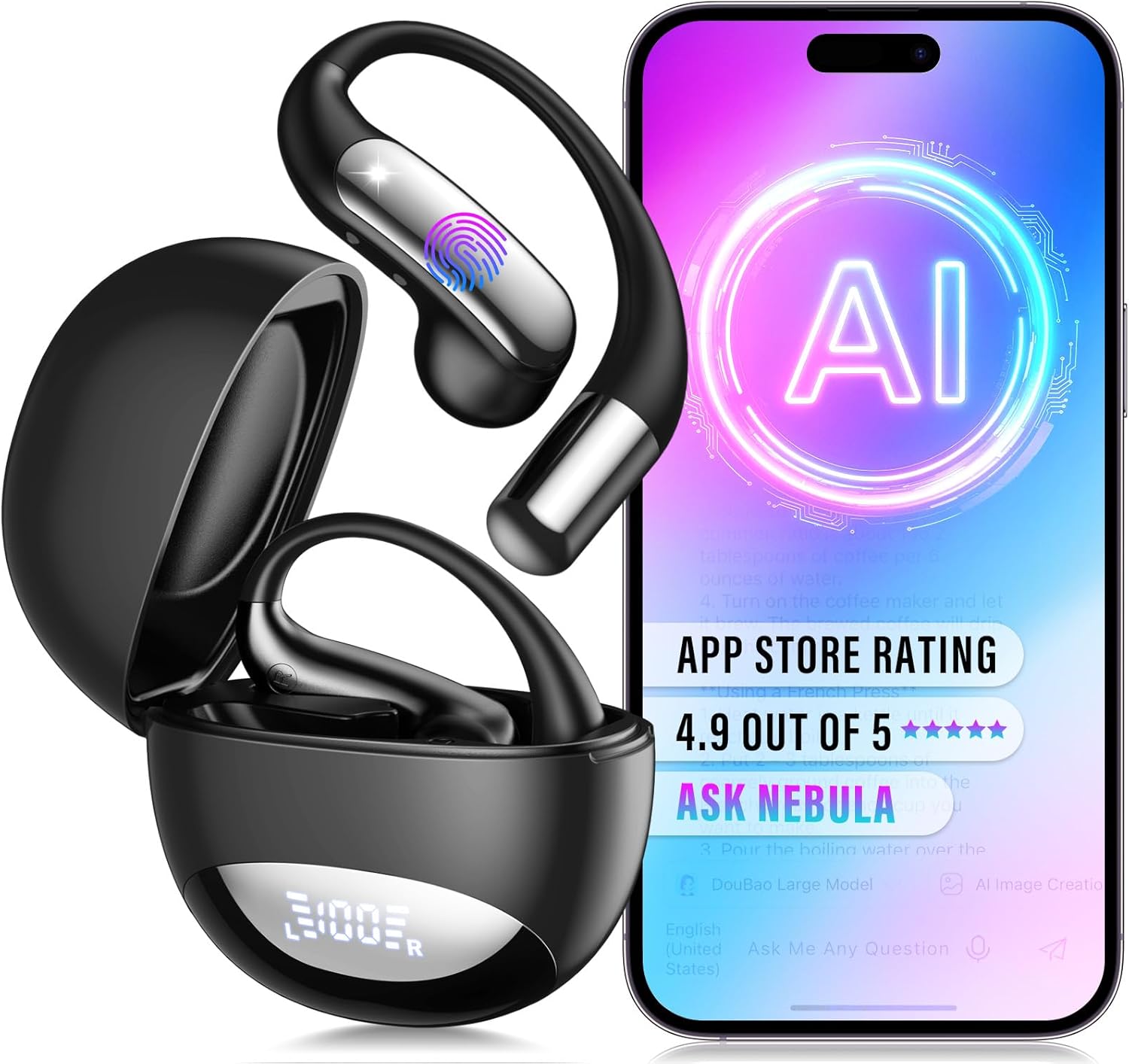 AI Translation Earbuds Real Time with 5 Powerful AI Assistants, 2025 New Ultra-Light Translator Earbuds with 6 Modes, 144 Languages, Voice & Video Call, Ideal for Travel, Business, Learning (Black)
