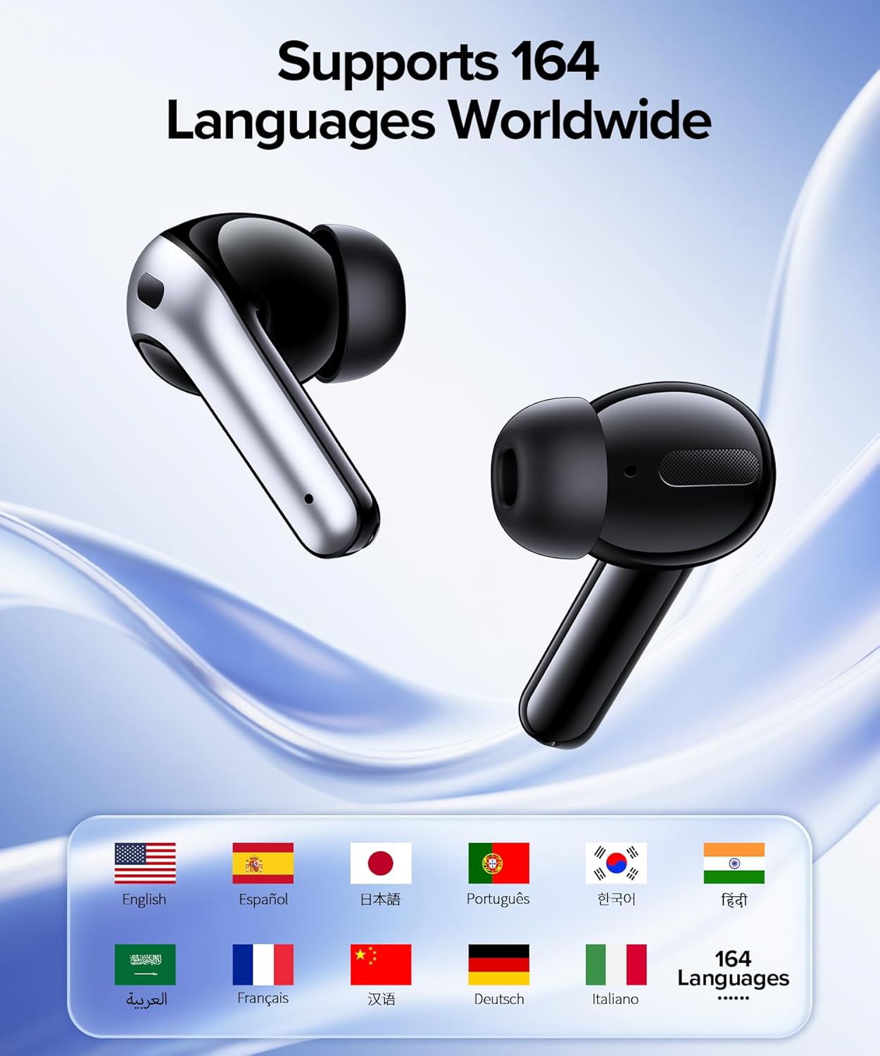 AI Translation Earbuds Real Time 164 Languages Translator Ear Buds Audifonos Traductores Inglés Español 70H Playtime Wireless Earphones AI Bluetooth Headphones for Travel Meeting Learning Black - Image 2
